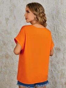 SHEIN VCAY 蝙蝠袖V領襯衫 - 橘色 - 查看 3