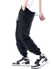 Manfinity Men Flap Pocket Side Drawstring Waist Cargo Pants - Black - View 4
