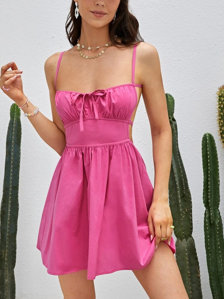 Soleia Ruched Bust Tie Backless Cami Dress - Pink - View 4