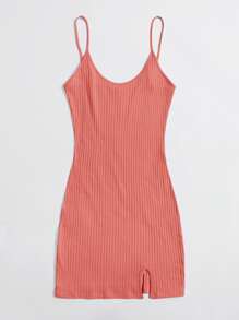SHEIN Qutie Ribbed Slit Cami Mini Bodycon Dress - Coral Pink - View 4