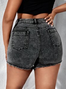 SHEIN SXY Plus Ripped Raw Hem Denim Shorts - Black - View 2