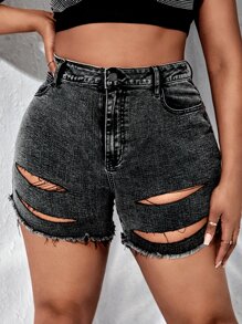 SHEIN SXY Plus Ripped Raw Hem Denim Shorts - Black - View 3