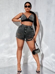 SHEIN SXY Plus Ripped Raw Hem Denim Shorts - Black - View 5