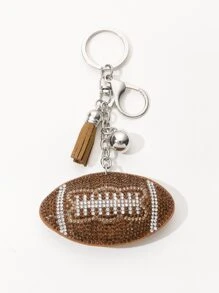 1pc Women Rhinestone American Football & Tassel Charm Creative Keychain, For Daily Life - Coffee Brown - View 2