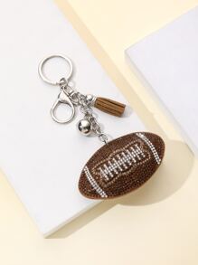 1pc Women Rhinestone American Football & Tassel Charm Creative Keychain, For Daily Life - Coffee Brown - View 3