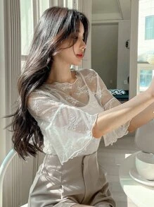 DAZY Solid Sheer Lace Top Without Cami Top - White - View 1