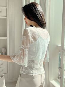DAZY Solid Sheer Lace Top Without Cami Top - White - View 2