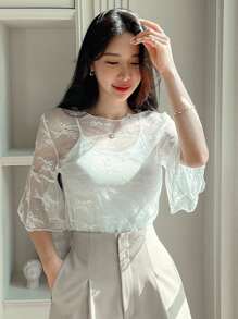DAZY Solid Sheer Lace Top Without Cami Top - White - View 6
