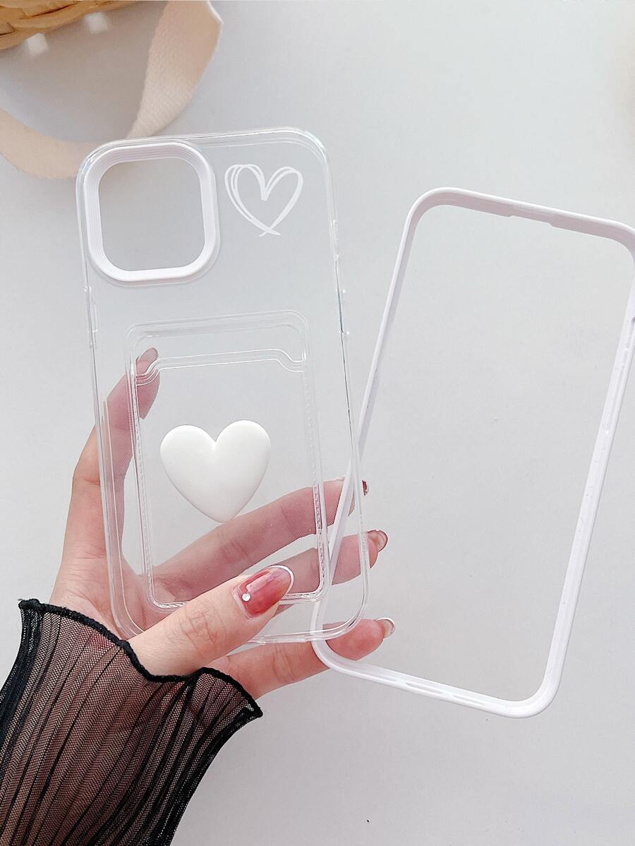 Funda de celular transparente 3 en 1 con adorno de corazón con con ranura de tarjeta - Blanco - Ver 1