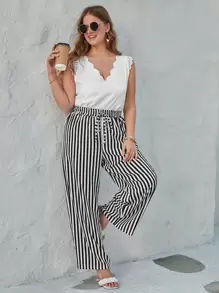 SHEIN LUNE Plus Striped Print Knot Waist Wide Leg Trousers - Black and White - View 1