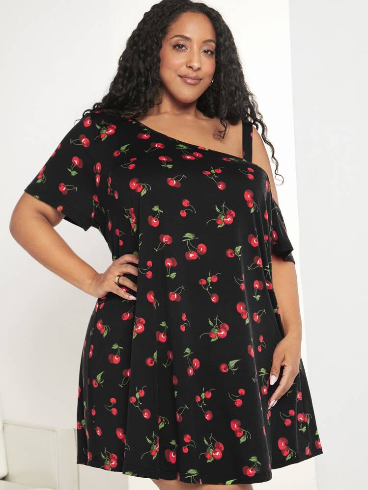 SHEIN CURVE+ Plus Cherry Print Asymmetrical Neck Nightdress - Multicolor - View 4