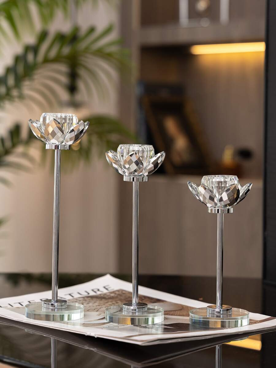 1pc Artificial Crystal Candle Holder, Creative Lotus Shaped Candle Stand For Home - Silver - View 1