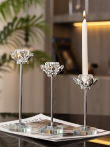 1pc Artificial Crystal Candle Holder, Creative Lotus Shaped Candle Stand For Home - Silver - View 2