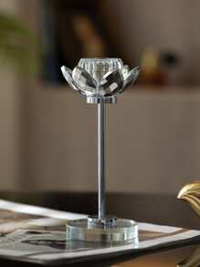 1pc Artificial Crystal Candle Holder, Creative Lotus Shaped Candle Stand For Home - Silver - View 3