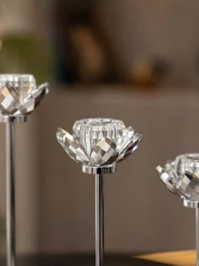 1pc Artificial Crystal Candle Holder, Creative Lotus Shaped Candle Stand For Home - Silver - View 4