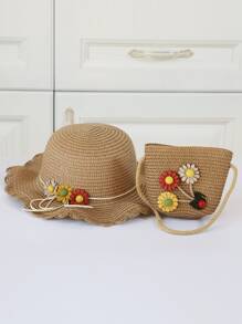 2pcs Toddler Girls Flower Decor Cute Straw Hat & Bag, For Summer - Khaki - View 1