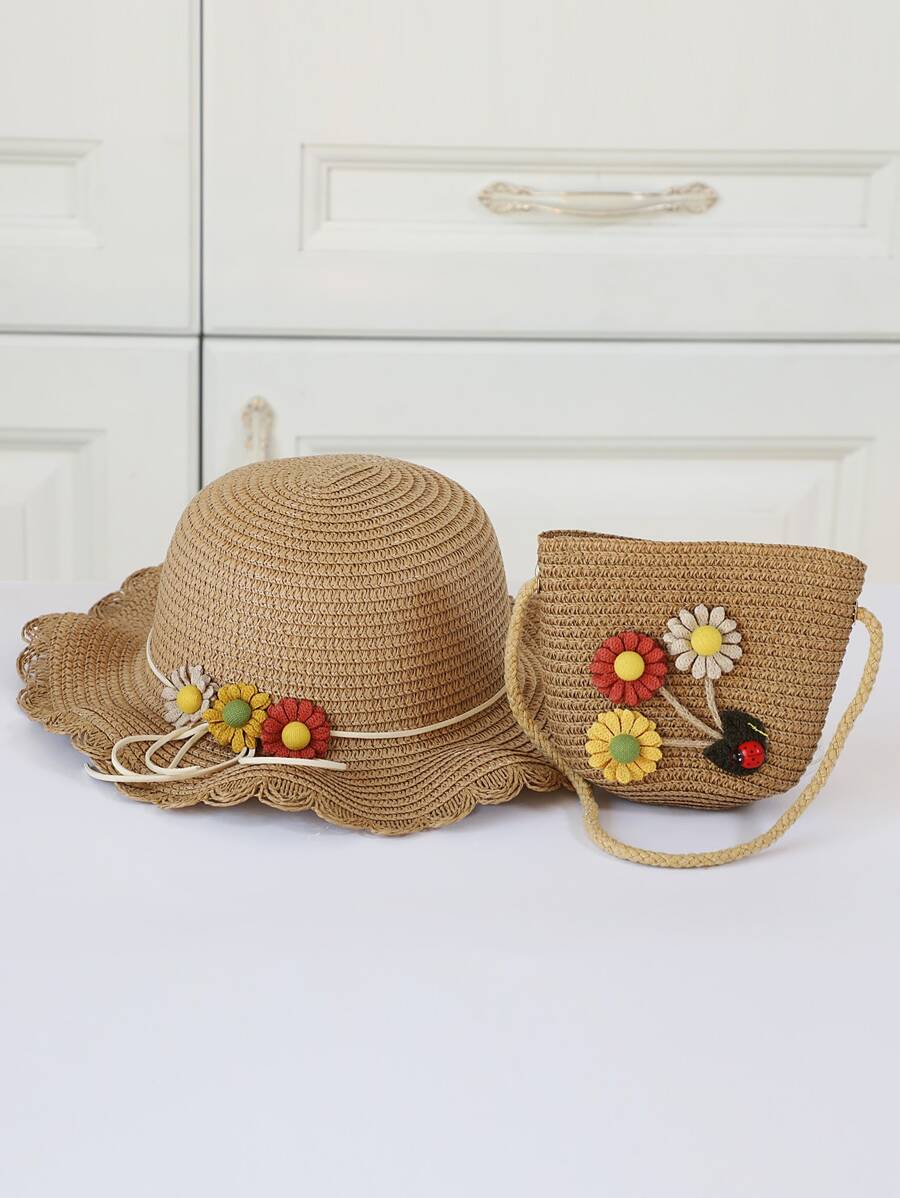 2pcs Toddler Girls Flower Decor Cute Straw Hat & Bag, For Summer - Khaki - View 1