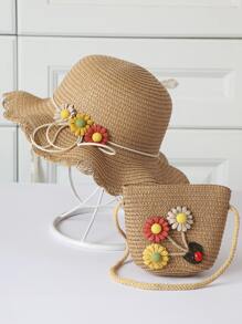 2pcs Toddler Girls Flower Decor Cute Straw Hat & Bag, For Summer - Khaki - View 2