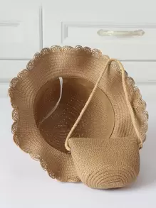 2pcs Toddler Girls Flower Decor Cute Straw Hat & Bag, For Summer - Khaki - View 3