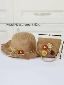 2pcs Toddler Girls Flower Decor Cute Straw Hat & Bag, For Summer - Khaki - View 4