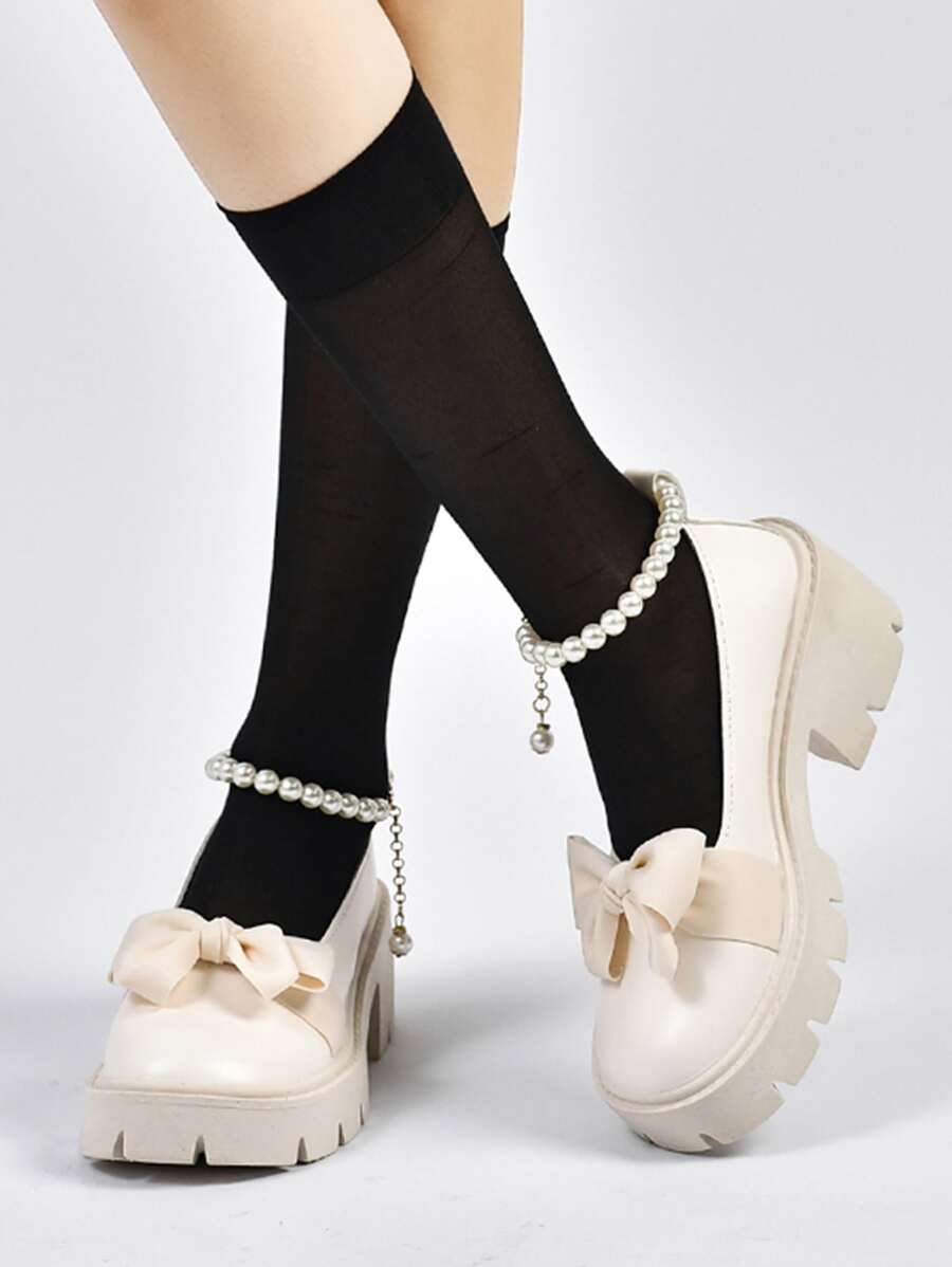 學院踝帶高跟單鞋適用於女士人造珍珠和蝴蝶結裝飾防水台粗跟淺口皮鞋 - 米色 - 查看 1