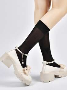 學院踝帶高跟單鞋適用於女士人造珍珠和蝴蝶結裝飾防水台粗跟淺口皮鞋 - 米色 - 查看 3