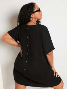 SHEIN CURVE+ Plus Button Back Batwing Sleeve Tee Dress - Black - View 5