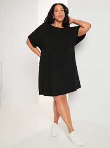 SHEIN CURVE+ Plus Button Back Batwing Sleeve Tee Dress - Black - View 2