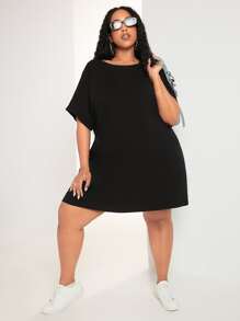 SHEIN CURVE+ Plus Button Back Batwing Sleeve Tee Dress - Black - View 3