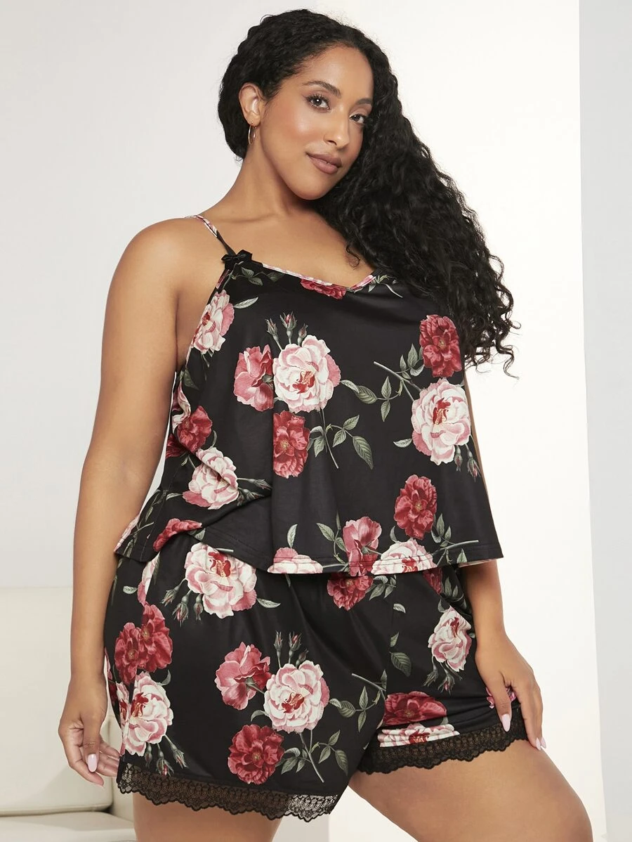SHEIN CURVE+ Plus Floral Print Lace Trim PJ Set - Multicolor - View 1