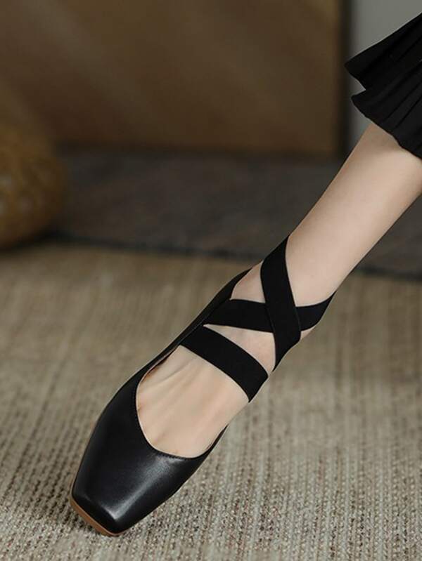 Elegant Black Ankle Strap Pumps For Women, Square Toe Chunky Heeled