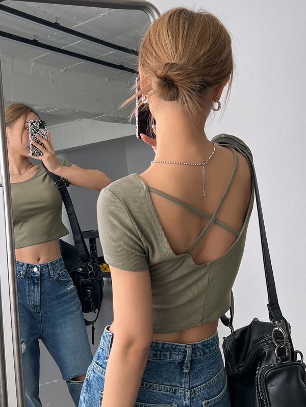 DAZY Solid Criss Cross Back Crop Tee,Halter Top