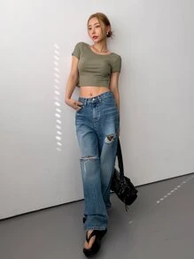 DAZY Solid Criss Cross Back Crop Tee,Halter Top - Army Green - View 4