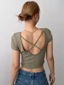 DAZY Solid Criss Cross Back Crop Tee,Halter Top - Army Green - View 6