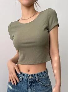 DAZY Solid Criss Cross Back Crop Tee,Halter Top - Army Green - View 7