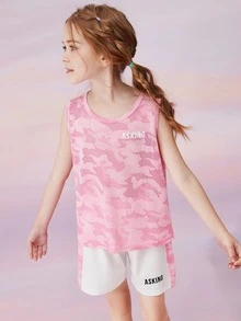 女孩字母圖案背心上衣和短褲 - 彩色 - 查看 3