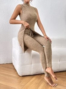 SHEIN Essnce 小高領下擺開叉背心上衣和緊身打底褲 - 卡其色 - 查看 1