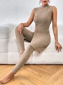 SHEIN Essnce 小高領下擺開叉背心上衣和緊身打底褲 - 卡其色 - 查看 5