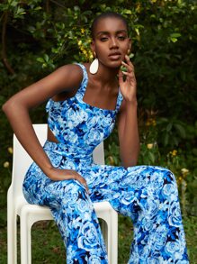 BellasylDesign 滿版印花腰部鏤空闊腿吊帶連體褲 - 彩色 - 查看 3