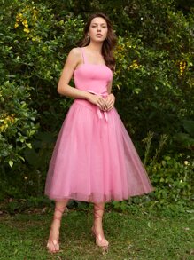 Rachel Elle Đầm Thắt lưng Tương phản Mesh Dây kéo màu trơn Thanh lịch - Hồng - Xem 1