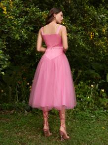 Rachel Elle Đầm Thắt lưng Tương phản Mesh Dây kéo màu trơn Thanh lịch - Hồng - Xem 2