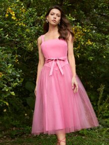 Rachel Elle Đầm Thắt lưng Tương phản Mesh Dây kéo màu trơn Thanh lịch - Hồng - Xem 5