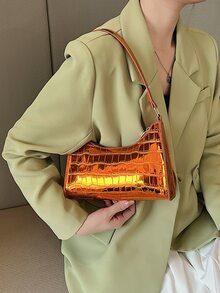 Crocodile Embossed Bag Metallic Funky Top Handle - Orange - View 3
