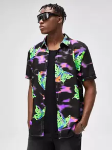ROMWE MEN Hombres Camisa con estampado de mariposa - Negro - Ver 1