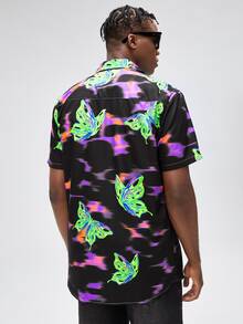 ROMWE MEN Hombres Camisa con estampado de mariposa - Negro - Ver 2