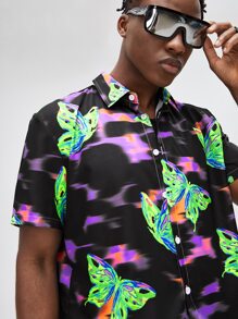 ROMWE MEN Hombres Camisa con estampado de mariposa - Negro - Ver 5