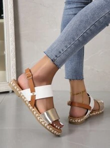 女士撞色人造皮革時尚平底涼鞋 - 金色 - 查看 2