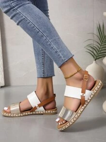 女士撞色人造皮革時尚平底涼鞋 - 金色 - 查看 3