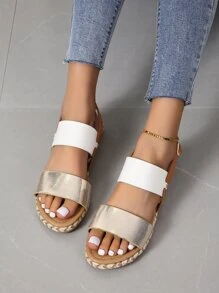 女士撞色人造皮革時尚平底涼鞋 - 金色 - 查看 4