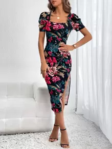 SHEIN Privé Floral Print Square Neck Puff Sleeve Split Thigh Dress - Multicolor - View 1